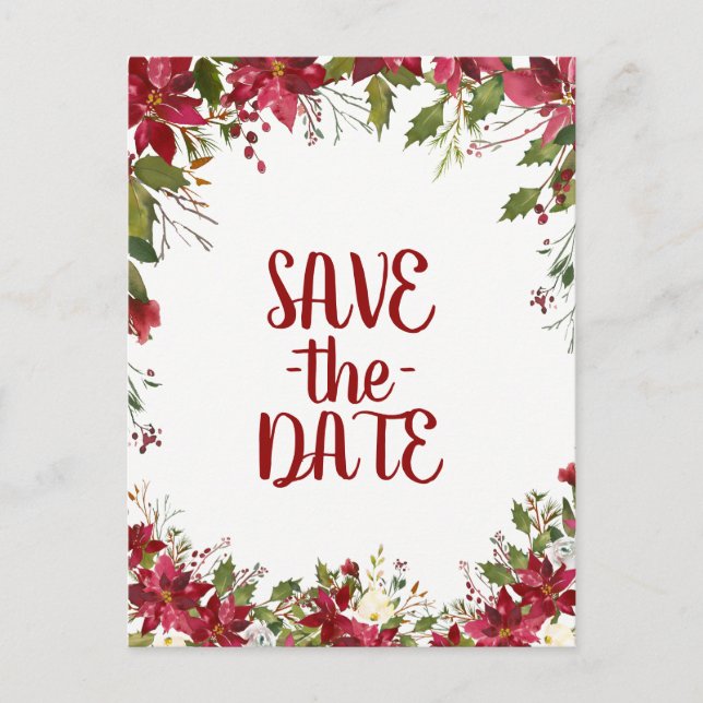 Christmas Holiday Poinsettia Wedding Save the Date Announcement Postcard (Front)