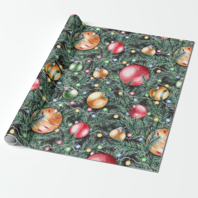 Christmas Holiday - Pretty Watercolor Lights Wrapping Paper (Unrolled)