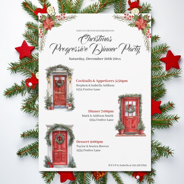 Christmas Holiday Progressive Dinner Red Doors Invitation (Creator Uploaded)