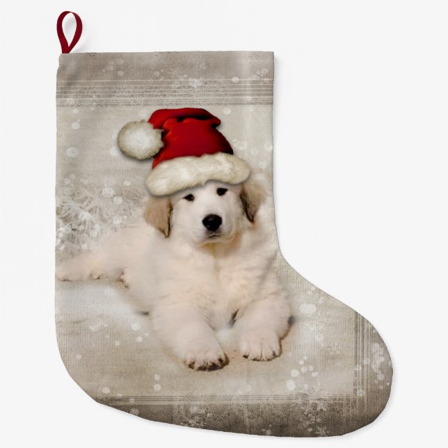 Christmas Holiday - Pyr Puppy Santa Hat Large Christmas Stocking (Front)