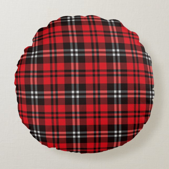 Christmas Holiday Red and Black Tartan Round Cushion (Front)