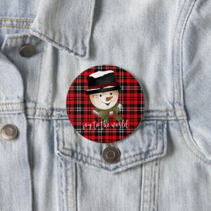 Christmas Holiday Red and Black Tartan Snowman 7.5 Cm Round Badge