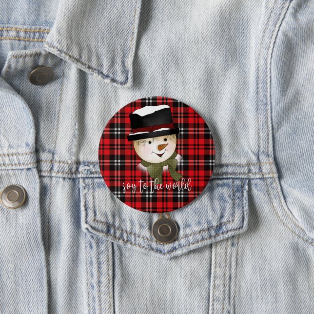 Christmas Holiday Red and Black Tartan Snowman 7.5 Cm Round Badge (In Situ)