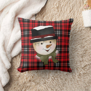 Christmas Holiday Red and Black Tartan Snowman Cushion