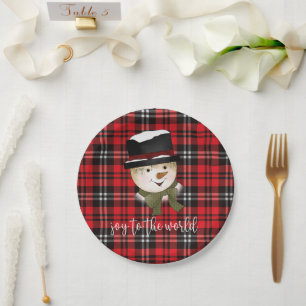 Christmas Holiday Red and Black Tartan Snowman Paper Plate