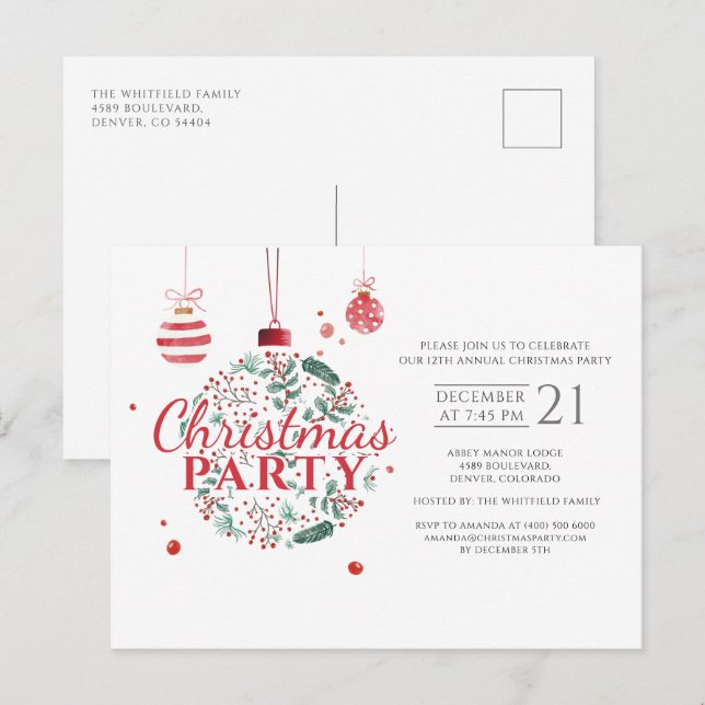Christmas Holiday Red and Green Party Invitation Postcard (Front/Back)