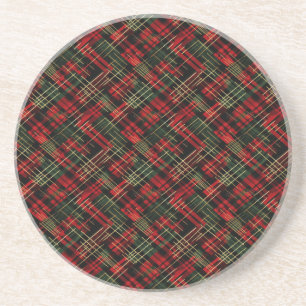 Christmas Holiday Red And Green Plaid Gold Foil Coaster