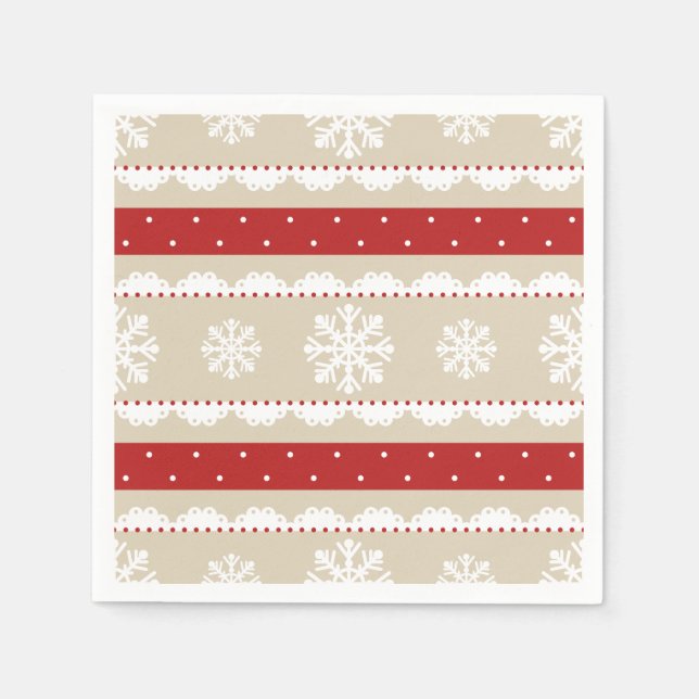 Christmas Holiday Red & Beige Snowflakes Pattern Napkin (Front)