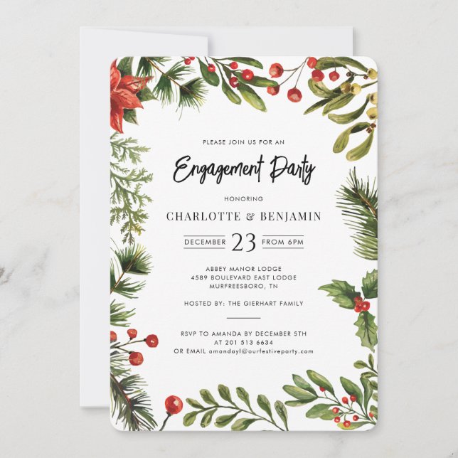 Christmas Holiday Red Berries Engagement Party Invitation (Front)