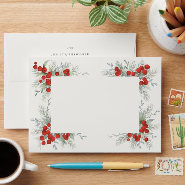 Christmas Holiday Red Berries Return Address A7 Envelope (Desk)