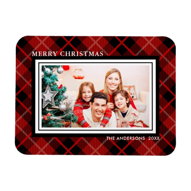 Christmas | Holiday Red & Black Plaid Photo Magnet (Horizontal)
