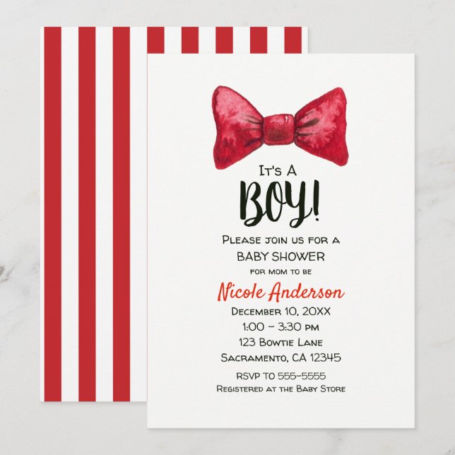 Christmas Holiday Red Bow Tie Boy Baby Shower Invitation (Front/Back)