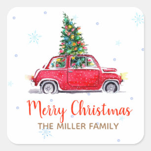 Christmas Holiday Red Car Square Sticker