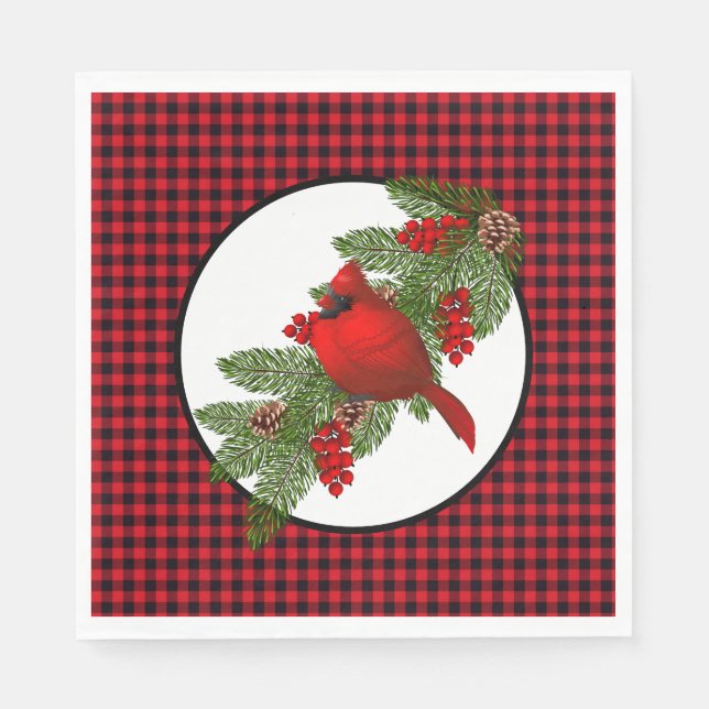 Christmas Holiday Red Cardinal Buffalo Print Napkin (Front)