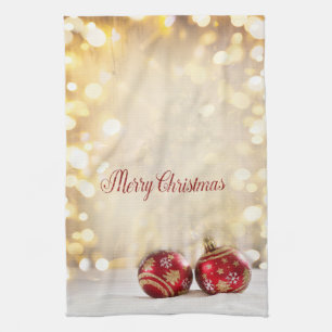 Christmas Holiday-Red Christmas Balls Bokeh Tea Towel