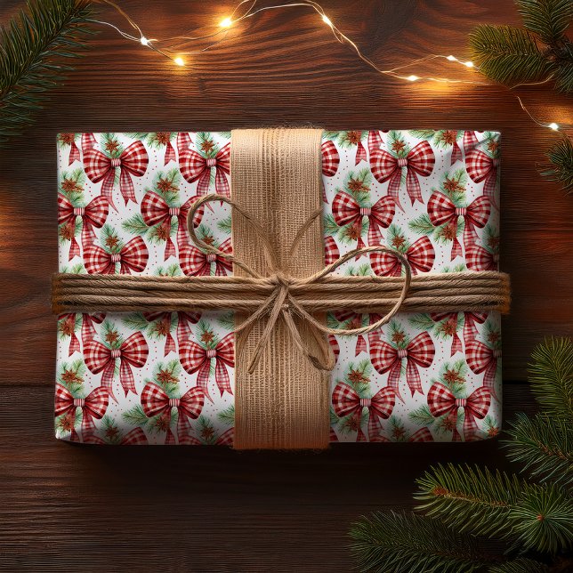 Christmas Holiday Red Gingham Check Bows Wrapping Paper (Christmas Holiday Red White Gingham Checks Bows with Pine Evergreens and Star Anise Wrapping Paper)
