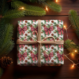 Christmas Holiday Red Gingham Check Bows Wrapping Paper