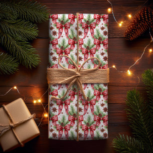 Christmas Holiday Red Gingham Check Bows Wrapping Paper