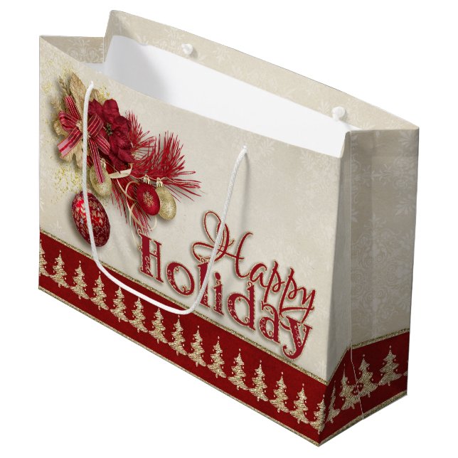 Christmas Holiday - Red/Gold Happy Holiday Large Gift Bag (Front Angled)