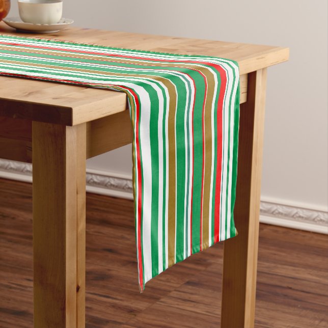 Christmas Holiday Red Green and Gold Stripes Medium Table Runner (In Situ)