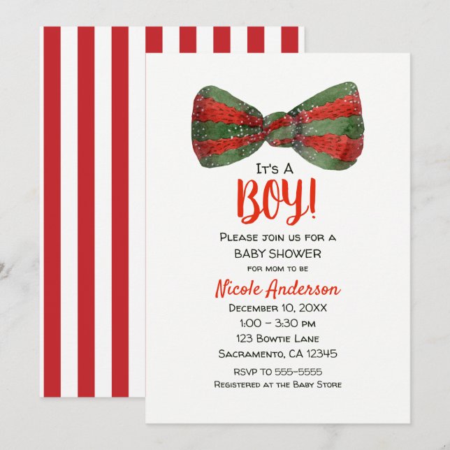 Christmas Holiday Red & Green Bow Tie Baby Shower Invitation (Front/Back)