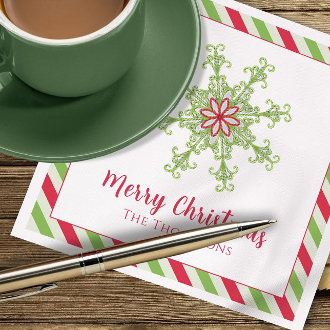 Christmas Holiday Red Green Colourful Snowflake Napkin (Merry Christmas whimsical colorful snowflakes paper napkins. )