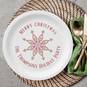 Christmas Holiday Red Green Colourful Snowflake Paper Plate