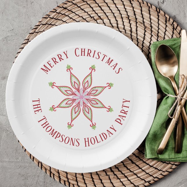 Christmas Holiday Red Green Colourful Snowflake Paper Plate (Merry Christmas holiday paper plates with whimsical colorful snowflakes. )