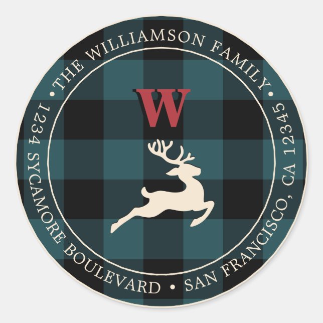 Christmas Holiday Red Monogram Deep Teal Gingham Classic Round Sticker (Front)