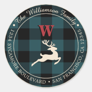 Christmas Holiday Red Monogram Deep Teal Gingham Classic Round Sticker