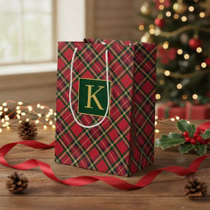 Christmas Holiday Red Plaid Gold Foil Monogram Medium Gift Bag