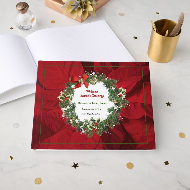 Christmas Holiday Red Poinsettia Custom  Guest Book (Front Open)