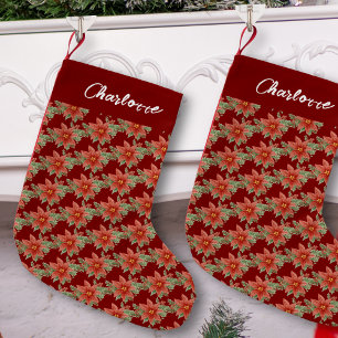 Christmas Holiday Red Poinsettia Floral Name Small Christmas Stocking