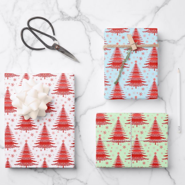 Christmas Holiday Red Trees Pattern Gift Wrapping Paper Sheet (Front)