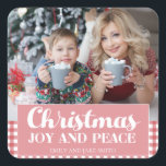 Christmas Holiday Red White Gingham Joy Peace Square Sticker<br><div class="desc">Red and white gingham Christmas photo sticker.  Text says,  "Christmas joy and peace."</div>