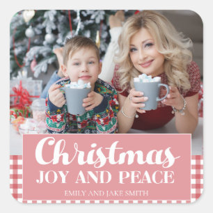 Christmas Holiday Red White Gingham Joy Peace Square Sticker