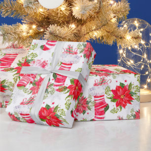 Christmas Holiday Red Winter Stockings Poinsettia Wrapping Paper