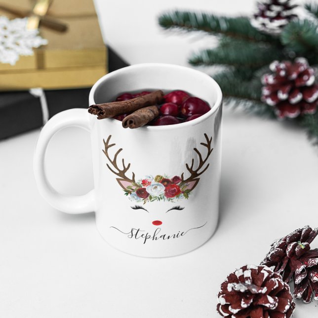 Christmas Holiday Reindeer Floral Personalised Coffee Mug (Christmas Holiday Reindeer Floral Personalized Coffee Mug)