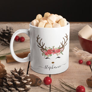 Christmas Holiday Reindeer Floral Personalised Mug