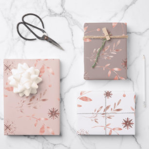 Christmas Holiday Rose Gold Leaves and Stars Wrapping Paper Sheet