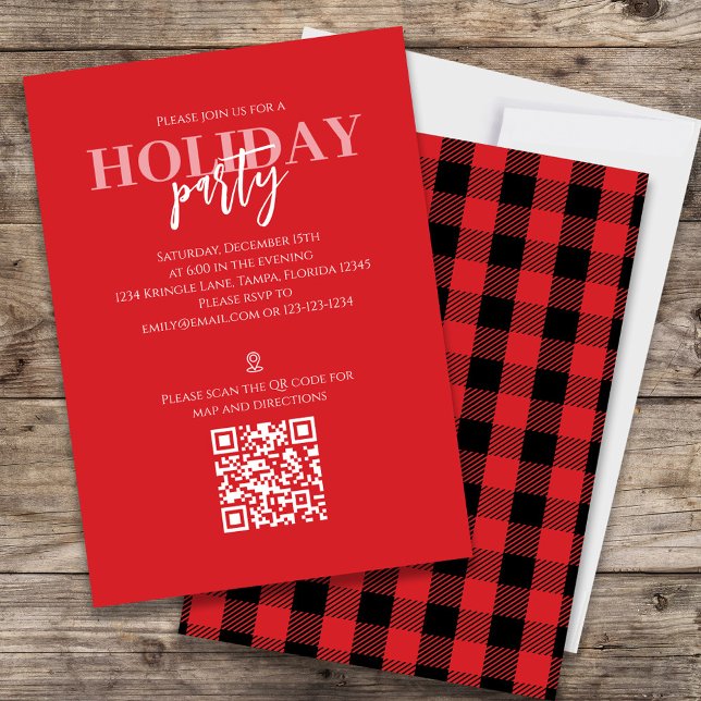 Christmas Holiday Rustic Buffalo Plaid QR Code Map Invitation (Holiday red and black buffalo check patterned invitation with a QR code and map icon.)