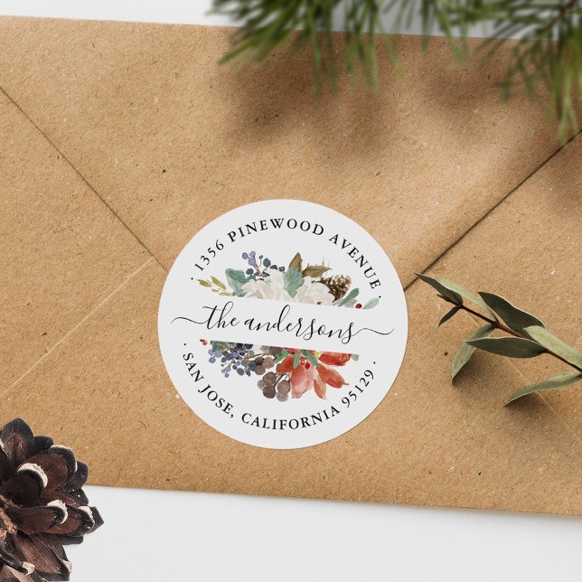 Christmas Holiday Rustic Winter Floral Address Classic Round Sticker (Creator Uploaded)
