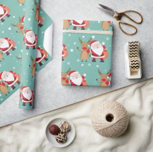 Christmas  Holiday Santa Claus and Deer Mint Green Wrapping Paper