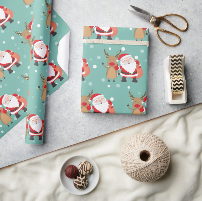 Christmas  Holiday Santa Claus and Deer Mint Green Wrapping Paper (Crafts)