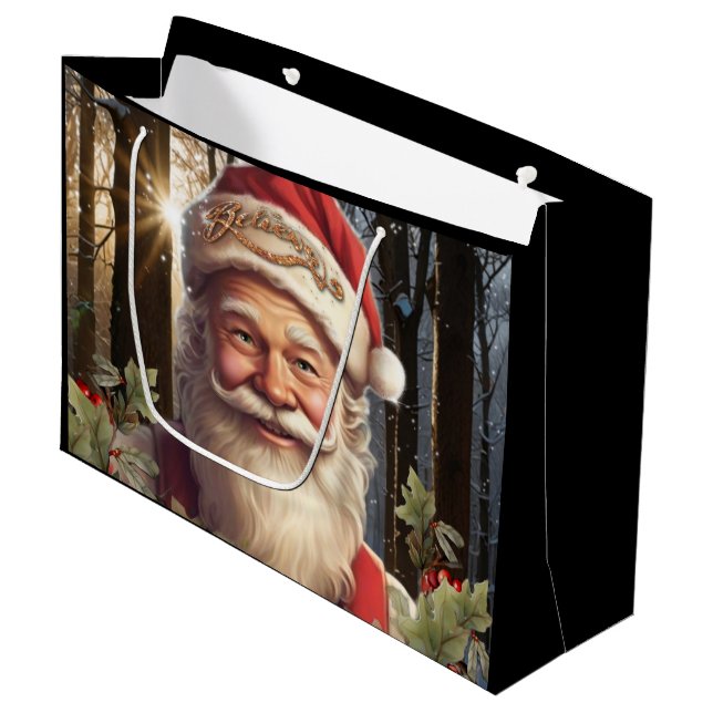 Christmas holiday Santa Claus snowy woodland Large Gift Bag (Front Angled)