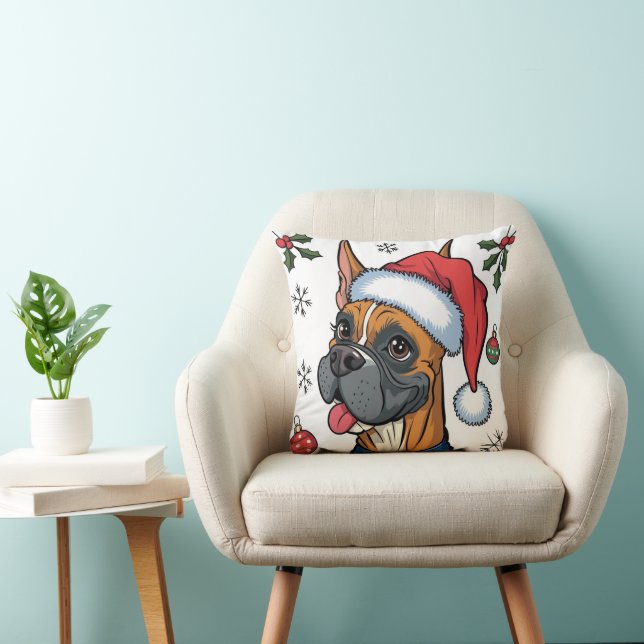 Christmas Holiday Santa Dog Boxer Throw Pillow (Chair)