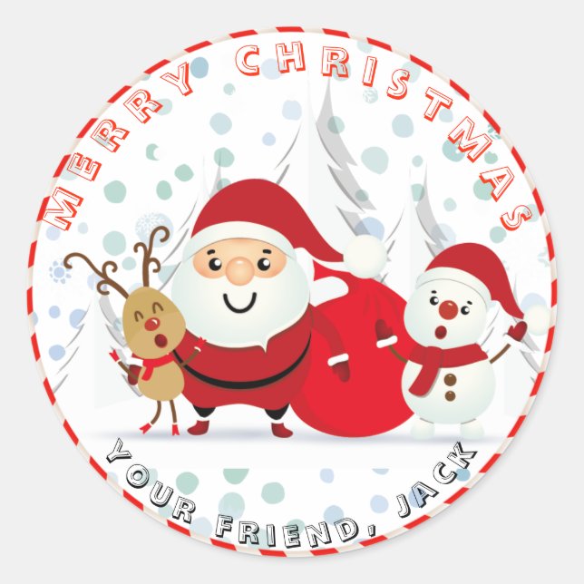 Christmas Holiday Santa snowman Classic Round Sticker (Front)