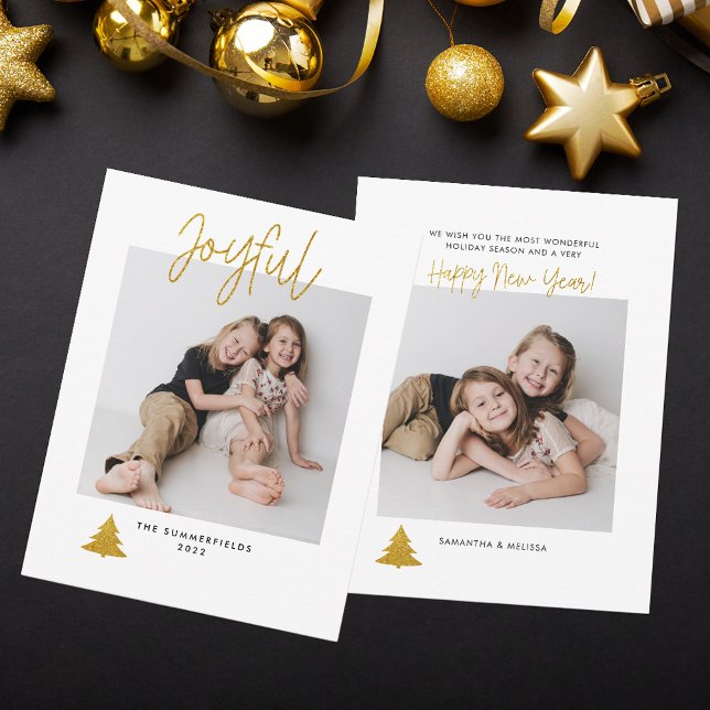 Christmas Holiday Script Photo Minimalist Holidays Card (Joyful 2 Photos Family Script Modern Christmas Holidays Greetings Card)