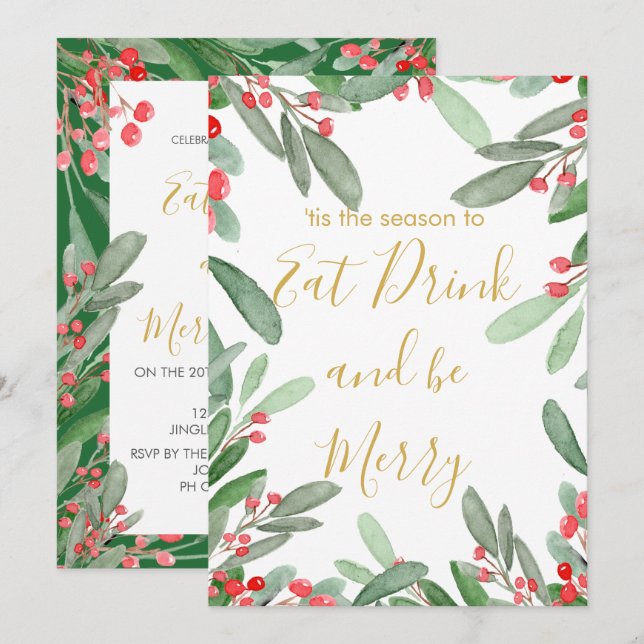 Christmas Holiday Season Green Holly Wreath Bright Invitation (Front/Back)