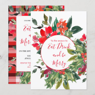 Christmas Holiday Season Holly Wreath Red Invitation